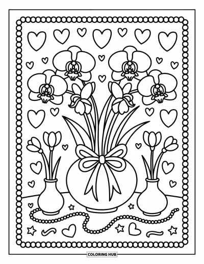 Coloriage de violet pour adultes : Bouquet d'orchidées et d'iris dans un vase, encadré d'une bordure de cœurs et d'étoiles