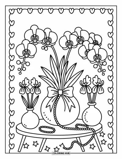 Coloriage de violet pour adultes : Bouquet d'orchidées et d'iris dans un vase avec deux petits vases à boutons à côté