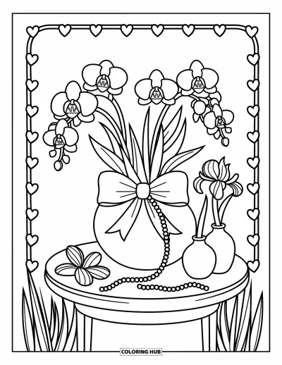 Coloriage de violet pour adultes : Bouquet d'orchidées et d'iris avec des pétales tombés et un chapelet de perles sur la table