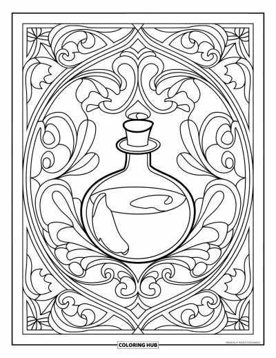Coloriage de violet pour adultes : Flacon de potion encadré par des motifs ornés de vitrail