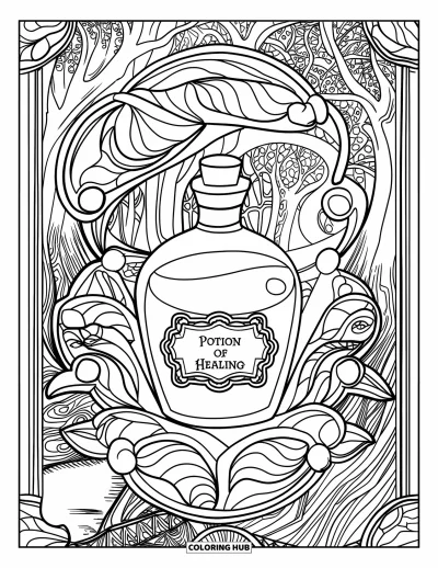 Coloriage de violet pour adultes : Flacon de potion portant l'étiquette "Potion of Healing" avec des motifs de vitrail floral et forestier