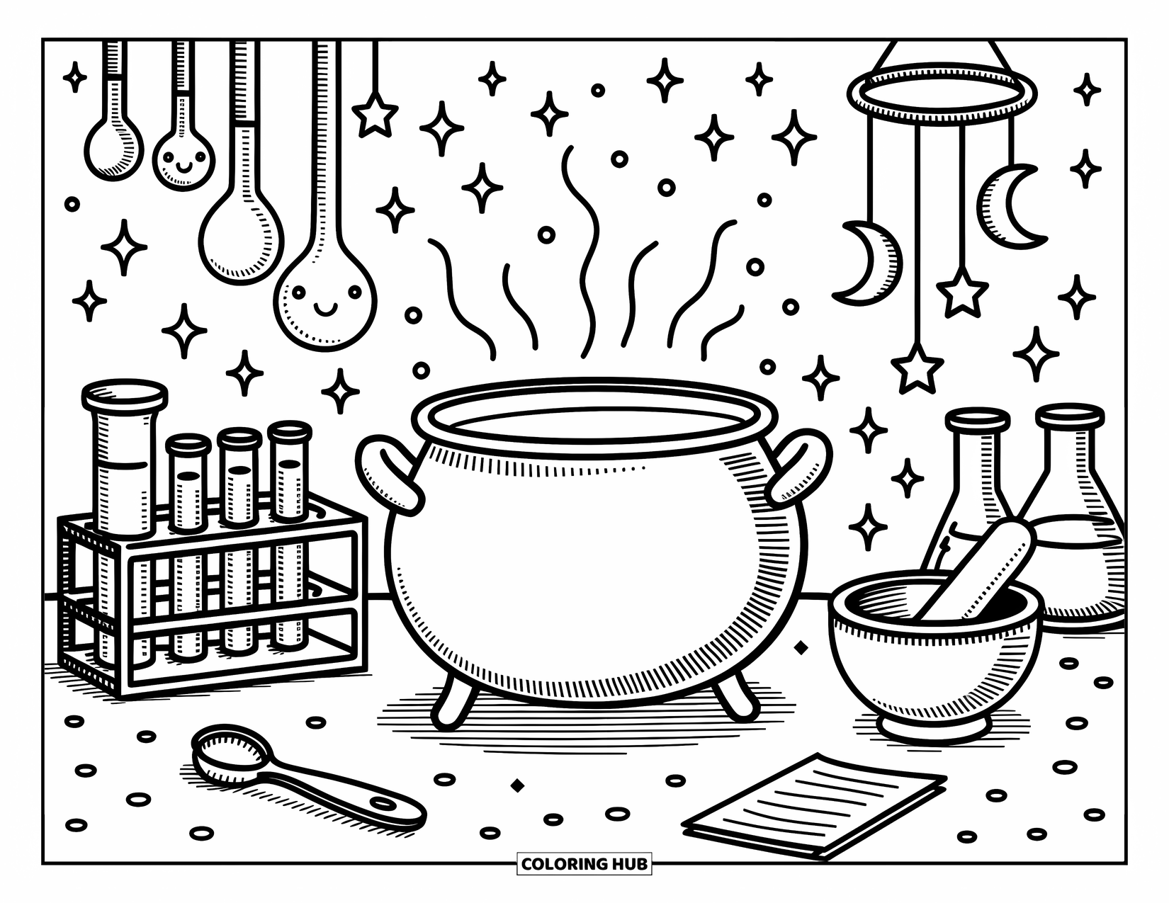 Purple Coloring Page for Adults: Potion workbench with a cauldron, flasks, and a hanging moon-and-star mobile