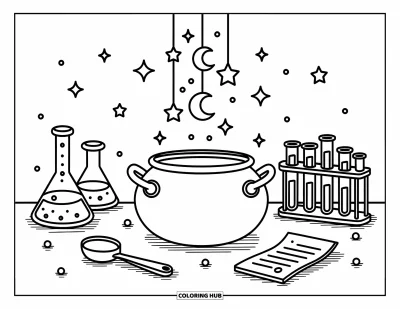 Coloriage de violet pour adultes : Table de potions avec un chaudron, des cuillères, des fioles et des étincelles éparpillées