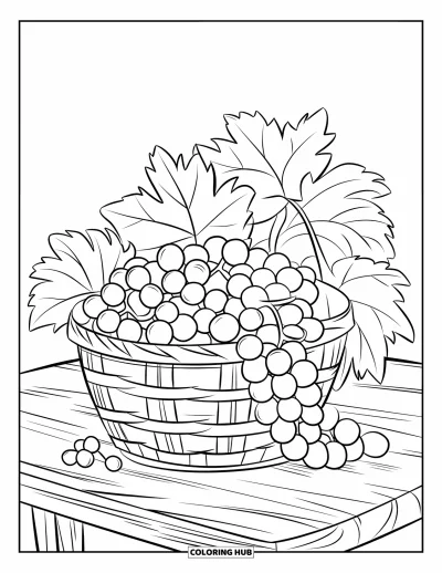 Coloriage de violet pour enfants : Panier de raisin et de feuilles sur une table en bois