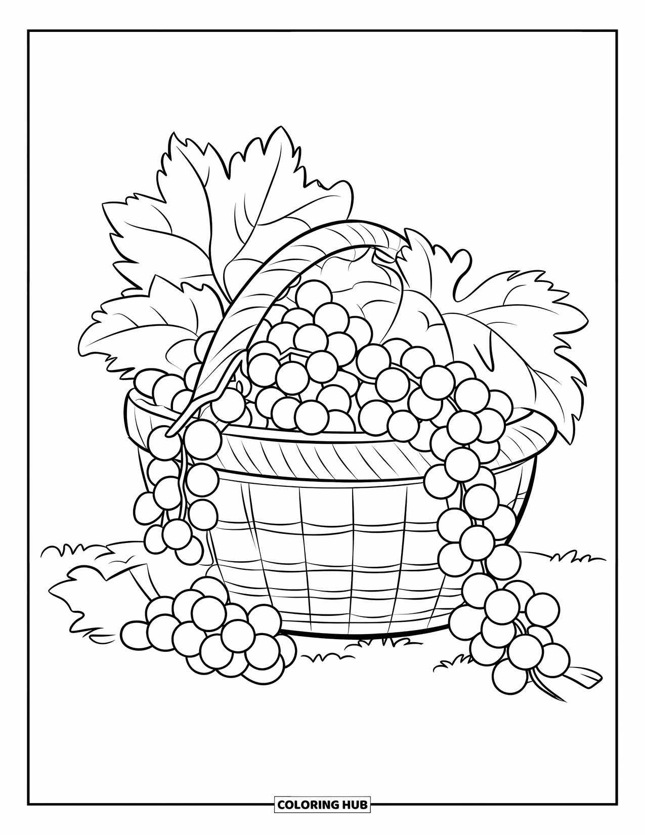 Purple Coloring Page for Kids: Basket of grapes and leaves placed on the ground
