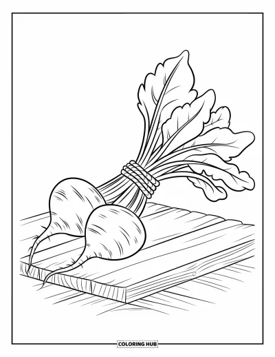 Coloriage de violet pour enfants : Botte de betteraves attachée avec une corde sur une plateforme en bois