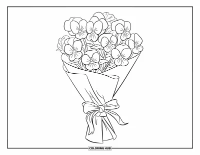 Coloriage de violet pour enfants : Bouquet de pensées enveloppé dans du papier avec un ruban