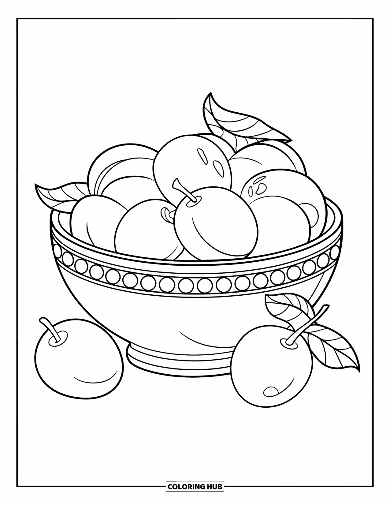 Purple Coloring Page for Kids: Bowl of large plums with a few spilling out