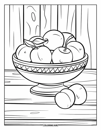 Coloriage de violet pour enfants : Bol de prunes avec quelques-unes éparpillées sur le sol