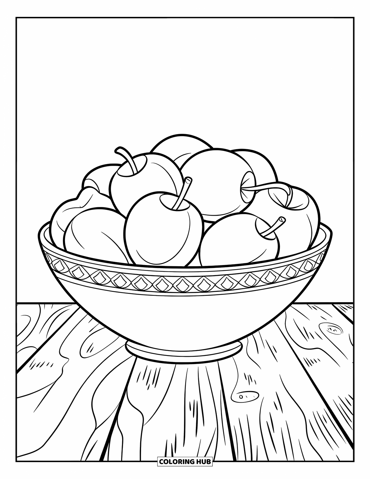 Purple Coloring Page for Kids: Bowl of plums with a patterned rim on a table