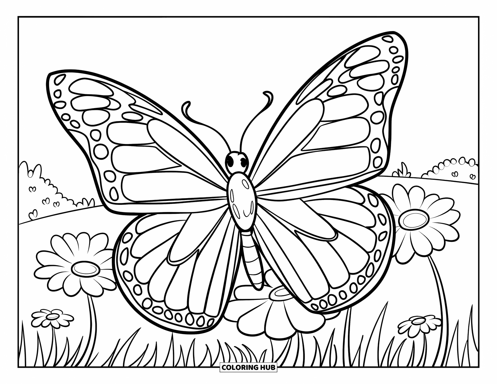 Purple Coloring Page for Kids: Butterfly perched on a flower in a meadow