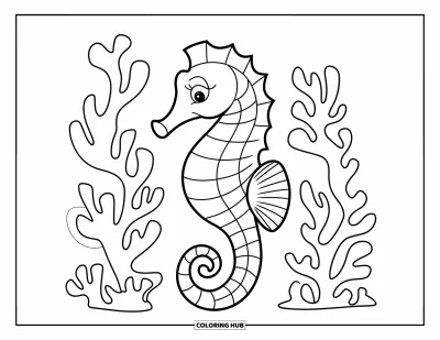 Coloriage de violet pour enfants : Hippocampe courbé entouré d'un bouquet de branches de corail