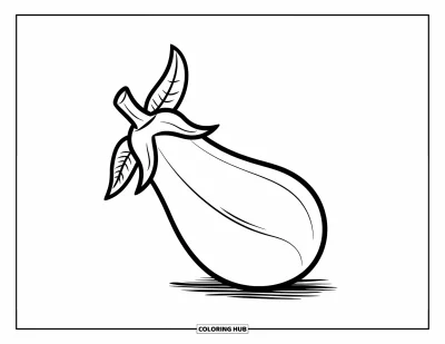 Coloriage de violet pour enfants : Aubergine avec une feuille verte posée sur une surface