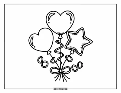 Coloriage de violet pour enfants : Ballons en forme de cœur, d'étoile et de cercle attachés avec un nœud de ruban