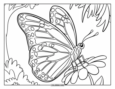 Coloriage de violet pour enfants : Grand papillon posé sur une fleur dans une forêt