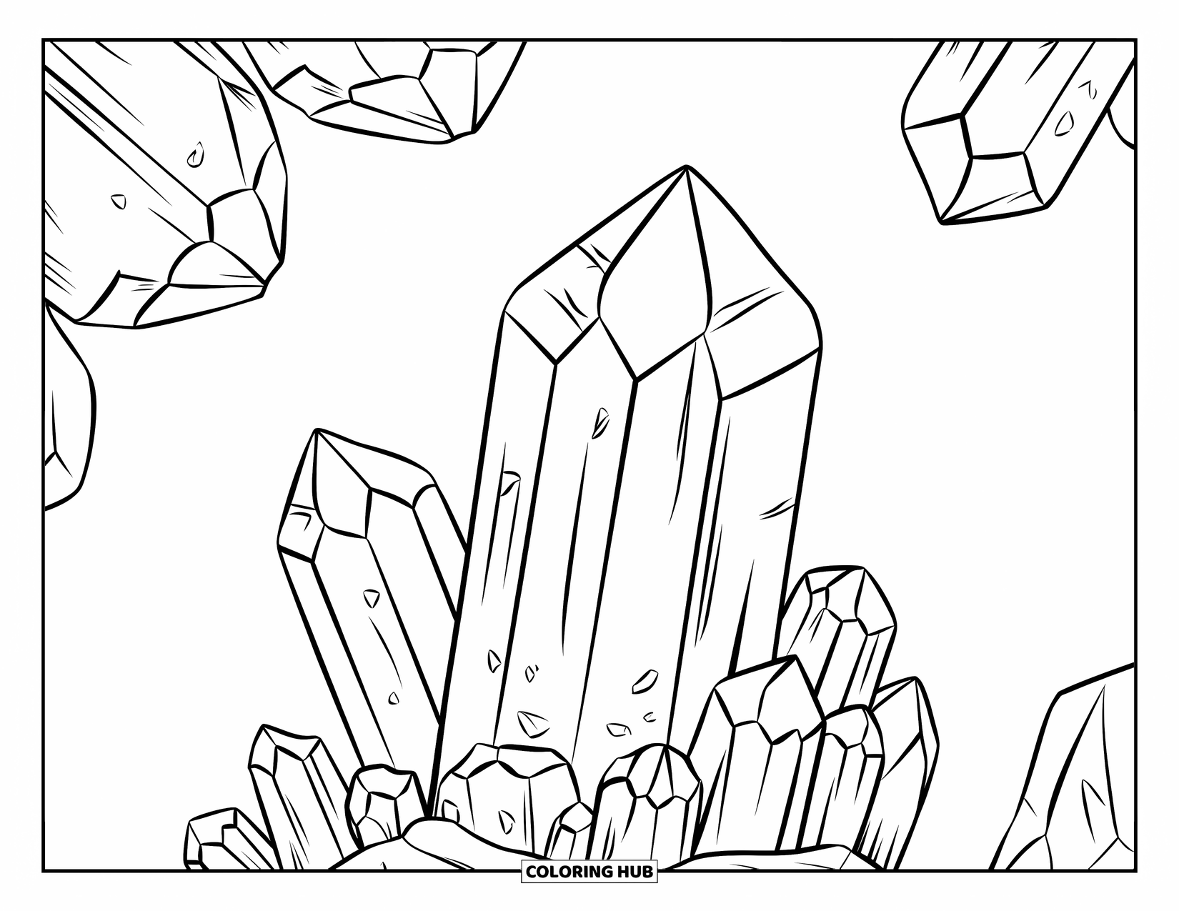 Purple Coloring Page for Kids: Main amethyst crystal with smaller crystals surrounding it