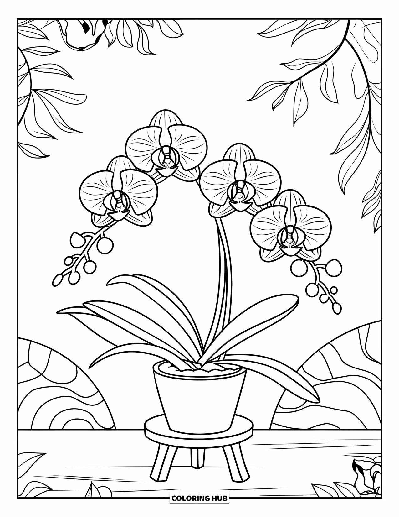 Purple Coloring Page for Kids: Orchid with patterned flowers in a pot on a stand