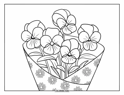 Coloriage de violet pour enfants : Bouquet de pensées avec du papier d'emballage à motifs floraux