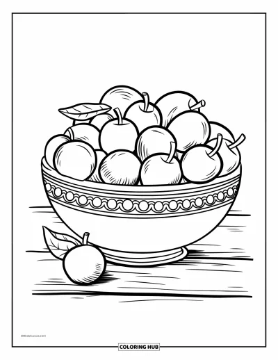 Coloriage de violet pour enfants : Bol à motifs rempli de prunes sur une surface en bois