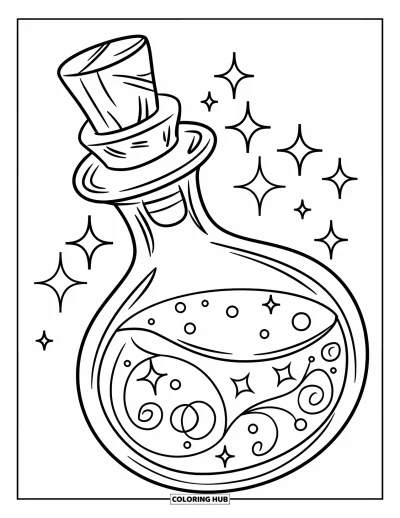 Coloriage de violet pour enfants : Flacon de potion avec des tourbillons ornés entouré d'étincelles