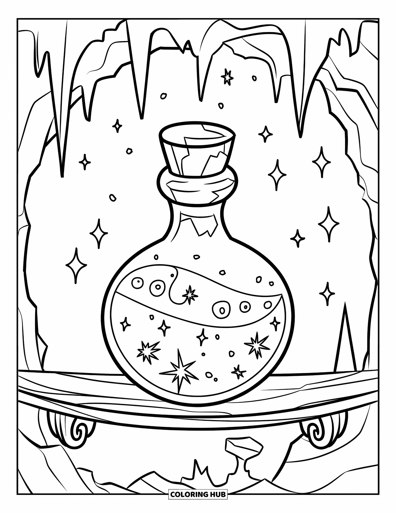 Purple Coloring Page for Kids: Potion bottle with sparkles inside a cave with stalactites