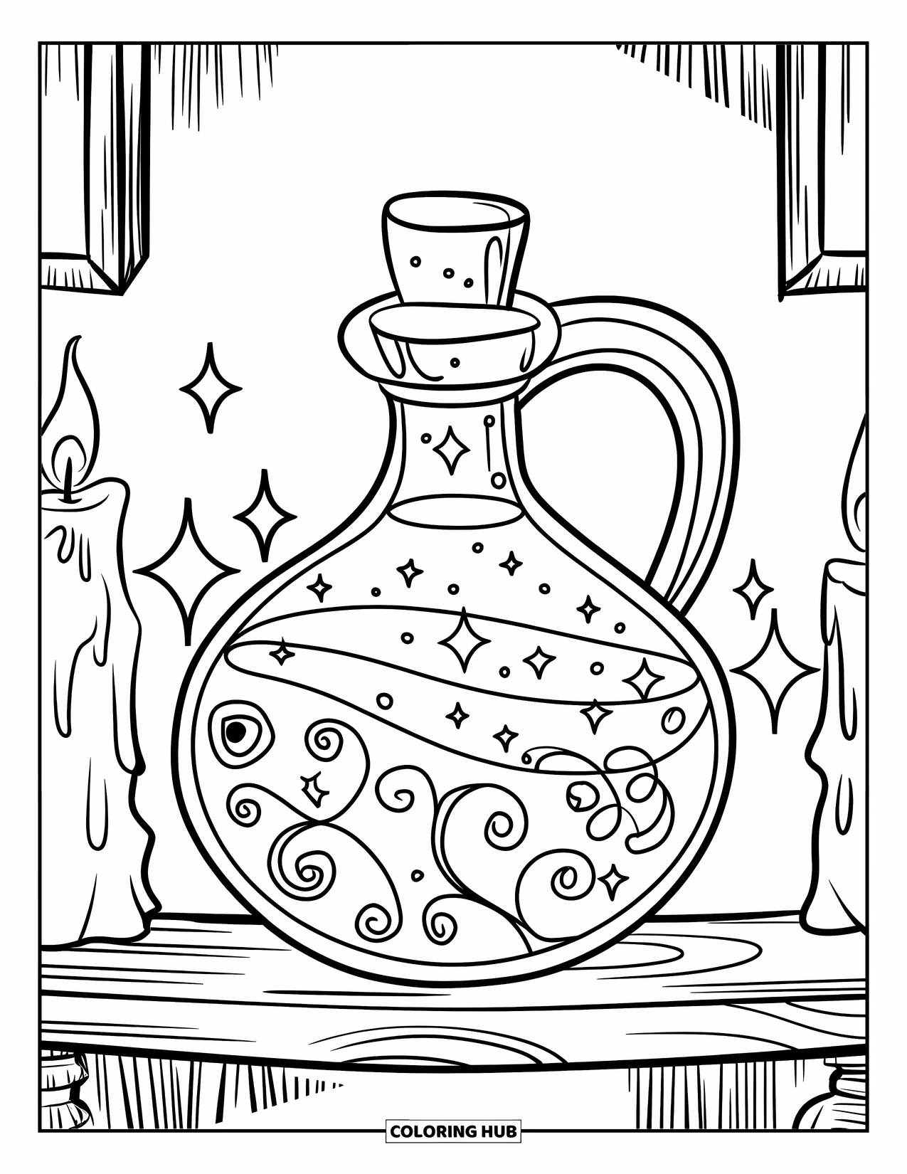 Purple Coloring Page for Kids: Potion bottle with swirls on a shelf in a candlelit room