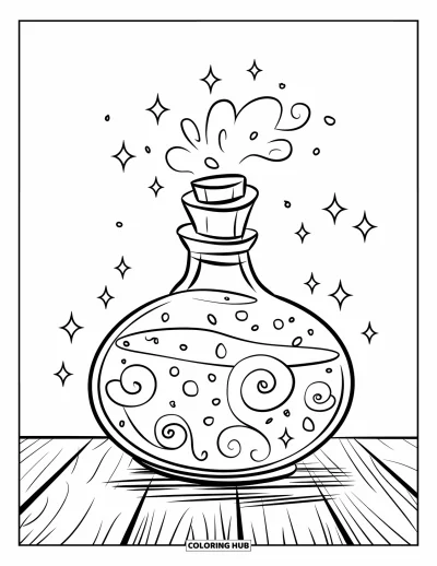 Coloriage de violet pour enfants : Flacon de potion avec des tourbillons posé sur une table en bois