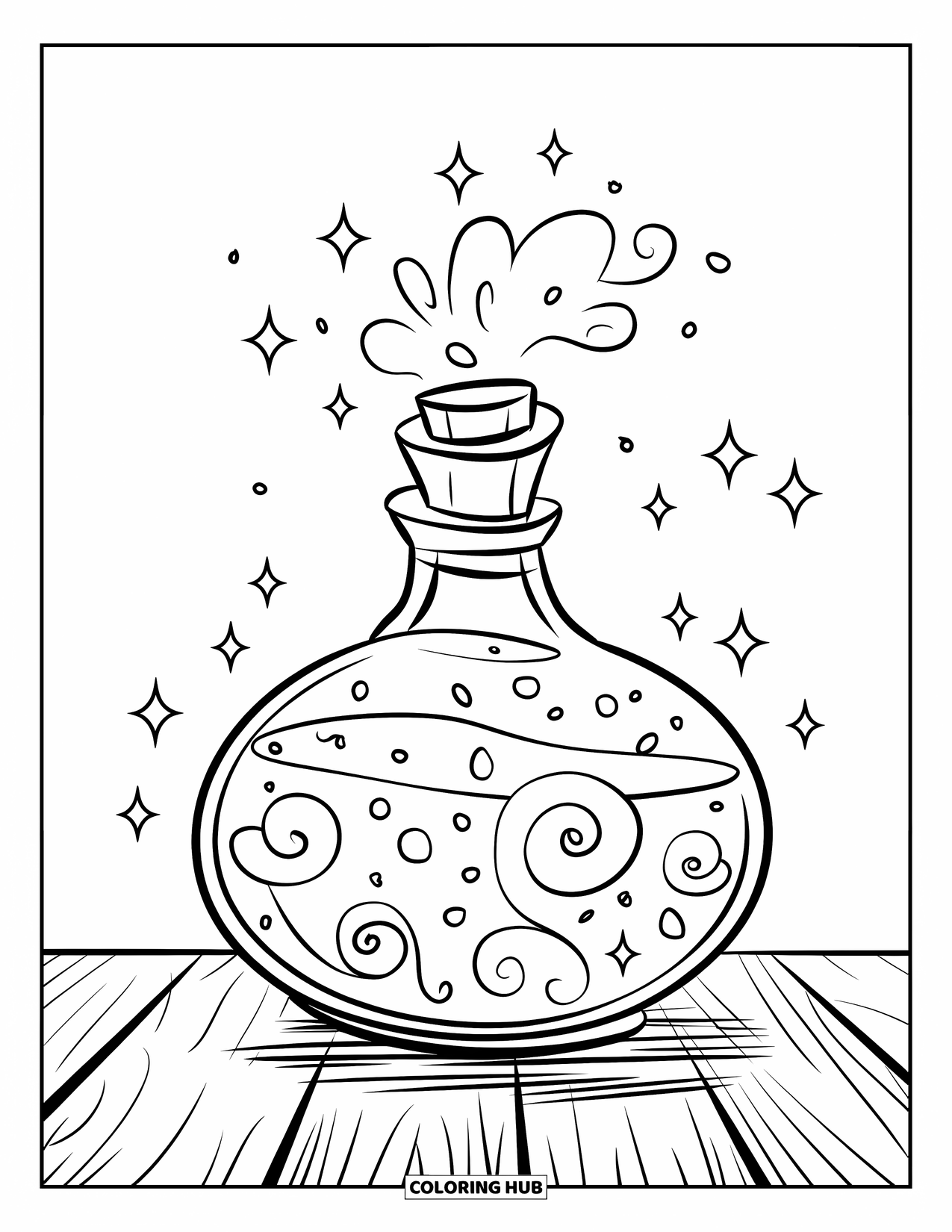 Purple Coloring Page for Kids: Potion bottle with swirls sitting on a wooden table