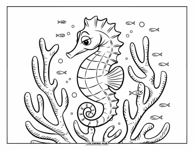 Coloriage de violet pour enfants : Hippocampe enroulé autour d'un corail avec de petits poissons qui nagent à proximité