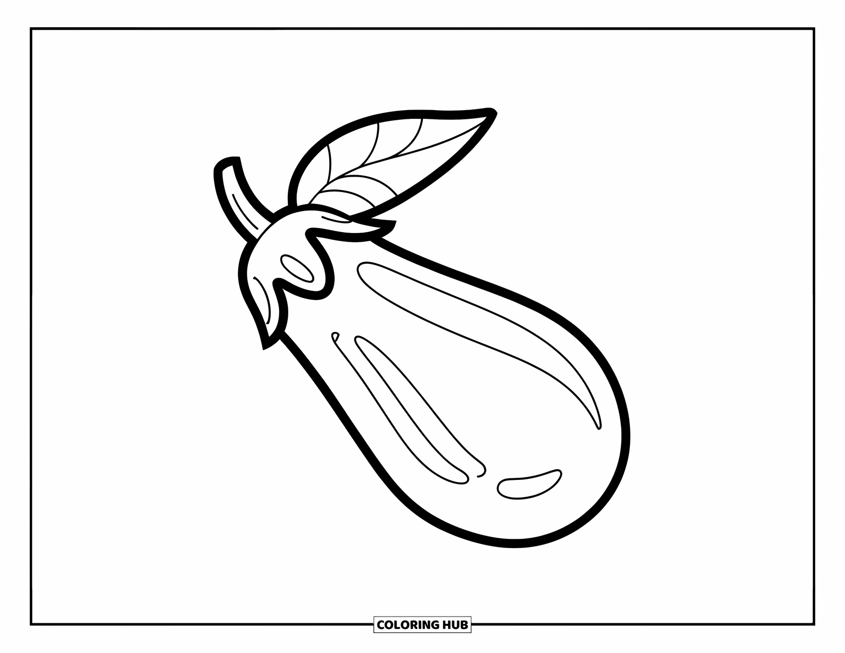 Purple Coloring Page for Kids: Single eggplant with one leaf and stem on a white background