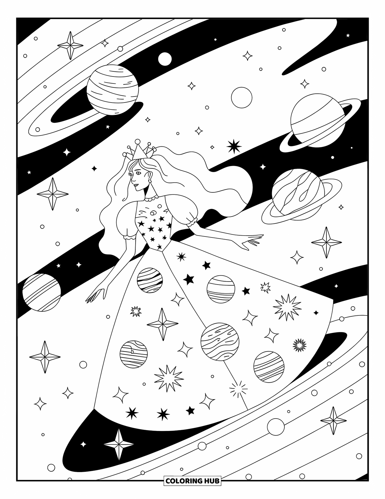 Queen Coloring Page for Adults: A celestial queen drifts through a galaxy surrounded by planets and stars