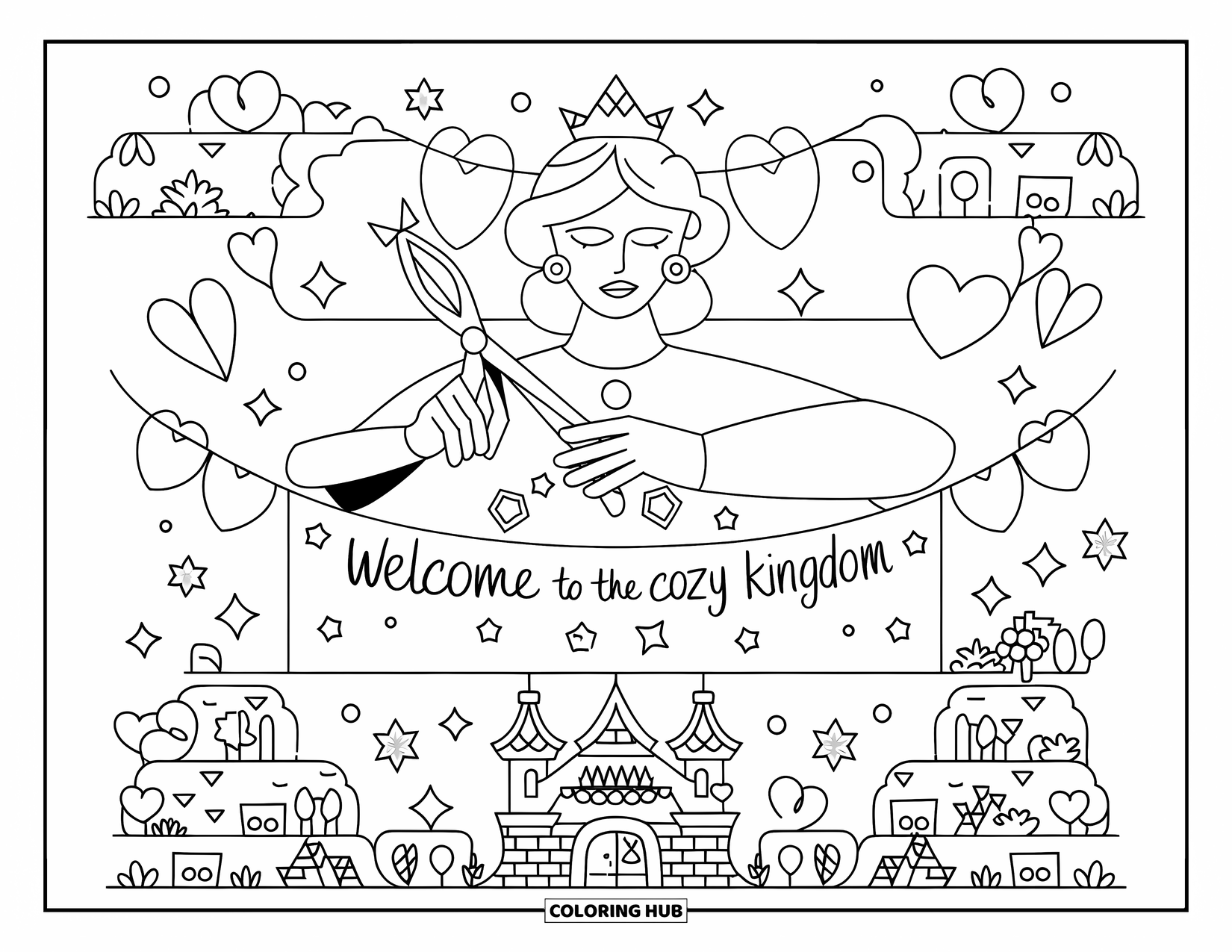 Queen Coloring Page for Adults: A cheerful queen crafts decorations for her upcoming royal party