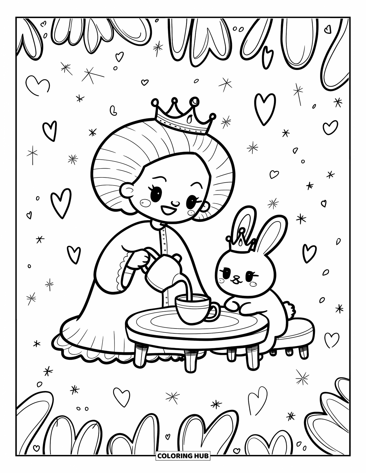 Queen Coloring Page for Adults: A cheerful queen pours tea for her bunny friend in a cozy setting