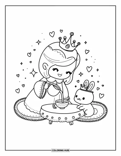 Coloriage de reine pour adultes : Une reine joyeuse sert le thé à son lapin couronné à une petite table