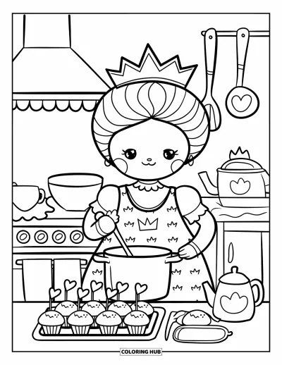 Coloriage de reine pour adultes : Une reine joyeuse remue une casserole dans sa cuisine entourée de petits objets rigolos
