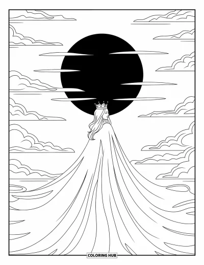 Coloriage de reine pour adultes : Une reine couronnée se tient sous un ciel assombri par une éclipse totale