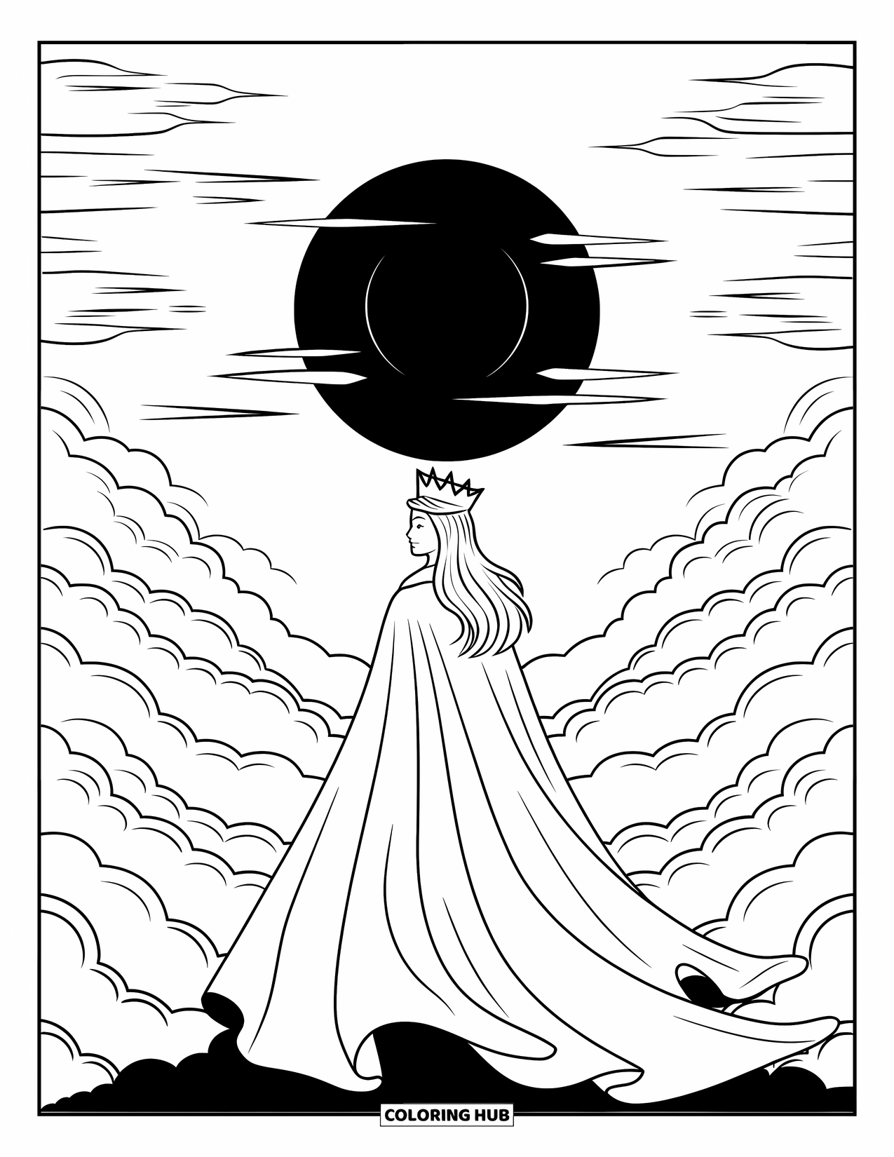 Queen Coloring Page for Adults: A crowned queen stands beneath layered clouds during a full eclipse