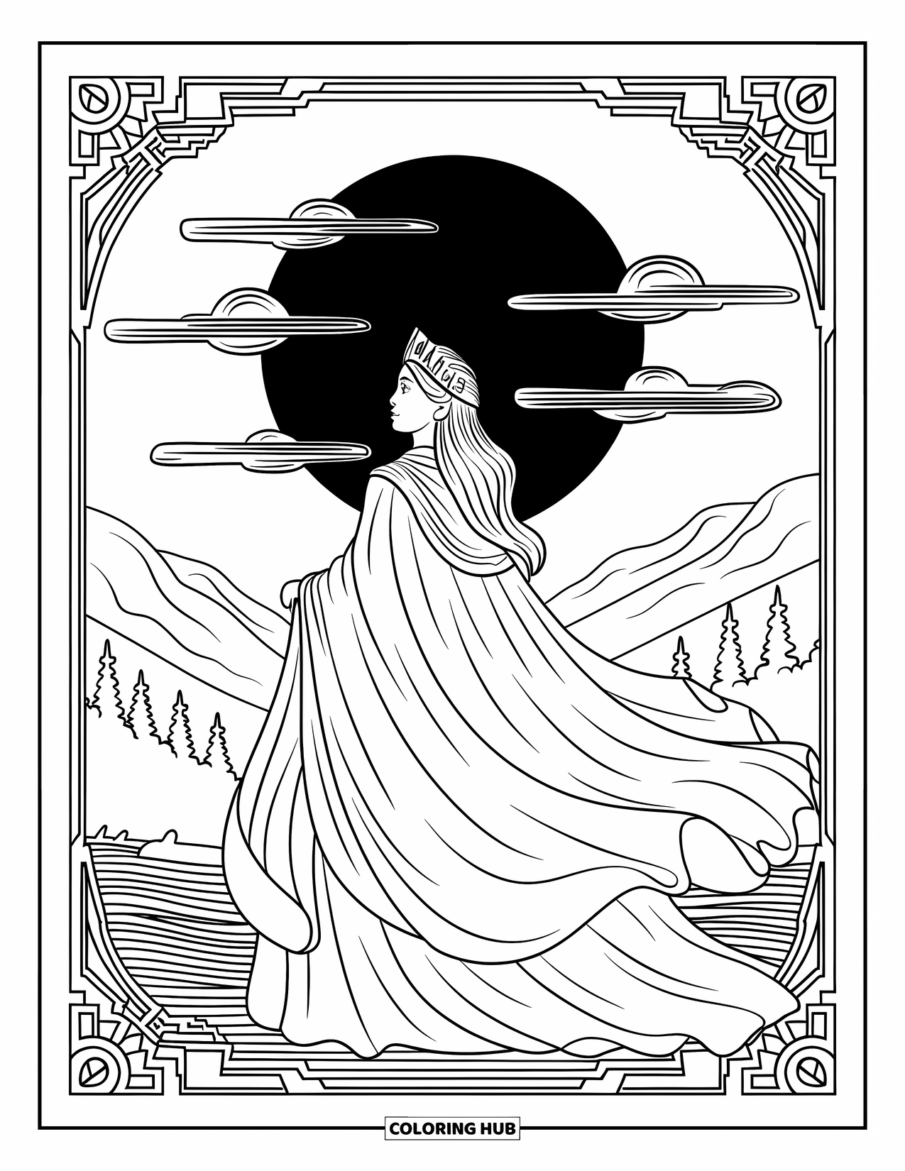 Queen Coloring Page for Adults: A flowing-cloaked queen stands under a full eclipse with mountains nearby
