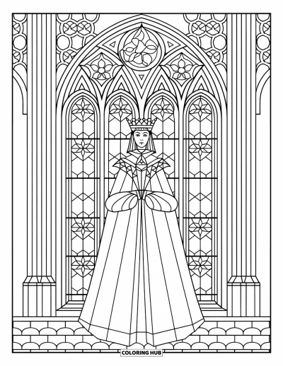 Coloriage de reine pour adultes : Une reine gothique pose devant une fenêtre à motifs avec des arches et des colonnes