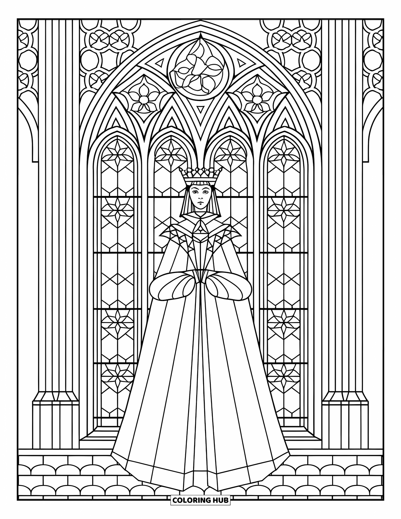 Queen Coloring Page for Adults: A gothic queen poses before a patterned window with arches and columns