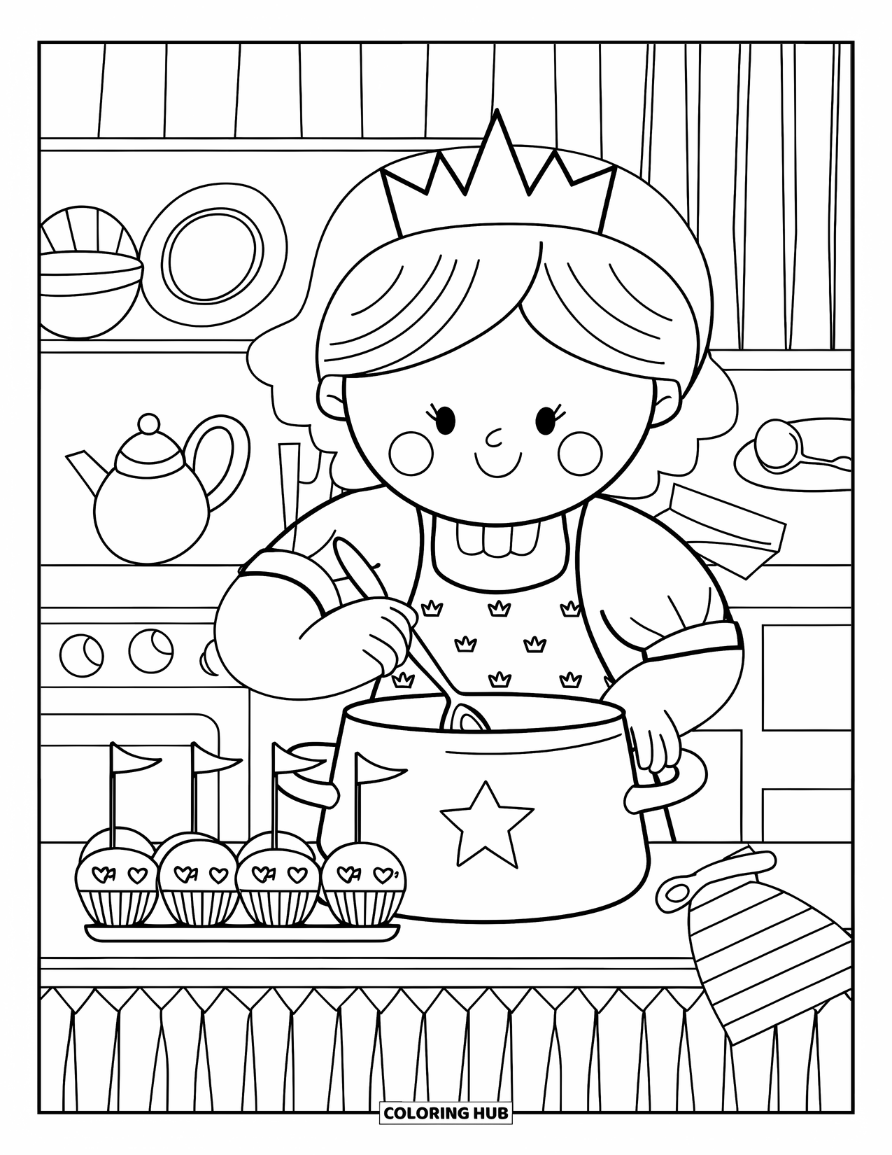 Queen Coloring Page for Adults: A happy queen cooks in a small kitchen with cupcakes and tiny utensils