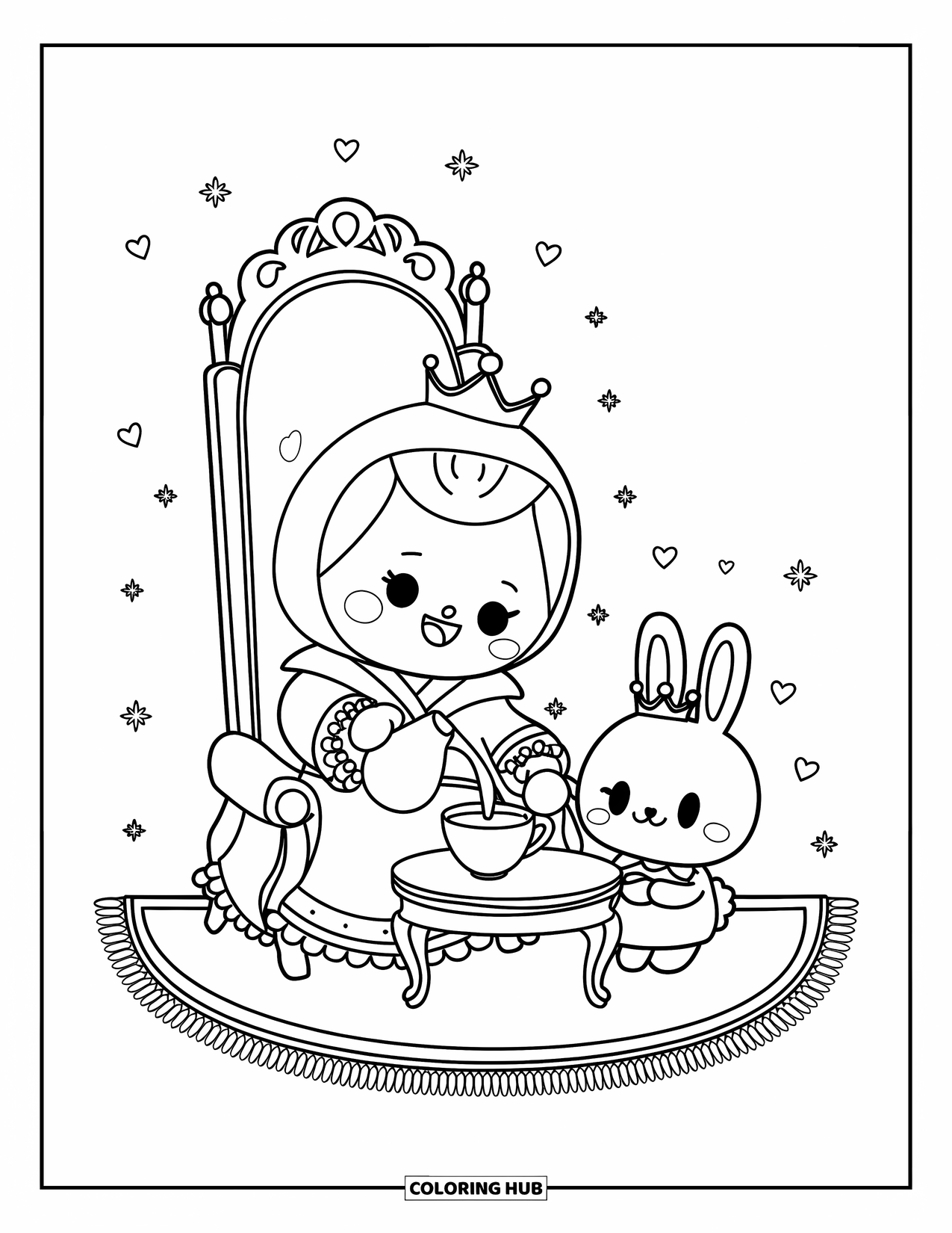 Queen Coloring Page for Adults: A kawaii queen and a crowned bunny enjoy tea with floating hearts nearby