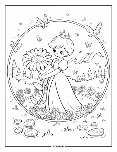 Coloriage de reine pour adultes : Une reine kawaii tient une grande marguerite dans un jardin près d'un château