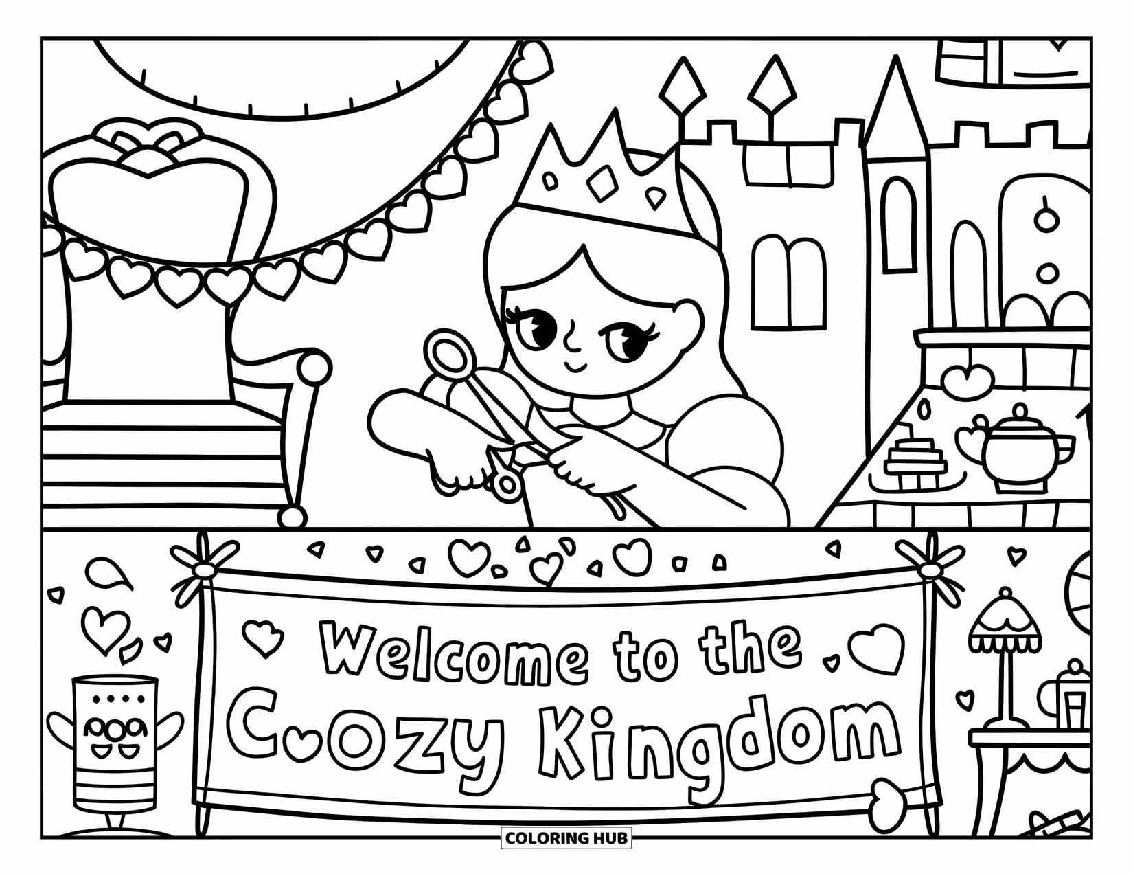 Queen Coloring Page for Adults: A playful queen creates garlands and banners for a royal celebration