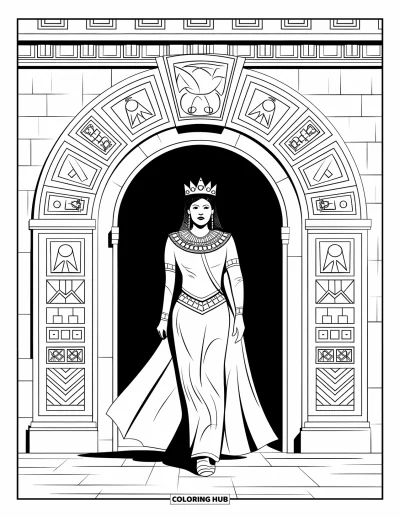 Coloriage de reine pour adultes : Une reine puissante franchit une arche de pierre sombre ornée de symboles gravés