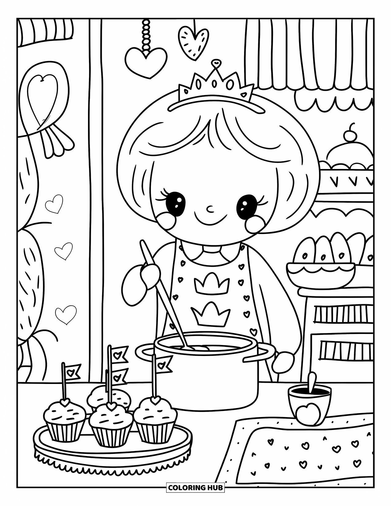 Queen Coloring Page for Adults: A queen cooks in a tiny kitchen while cupcakes wait nearby