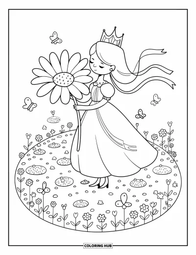 Coloriage de reine pour adultes : Une reine dans un jardin tient une marguerite étincelante avec des papillons tout autour