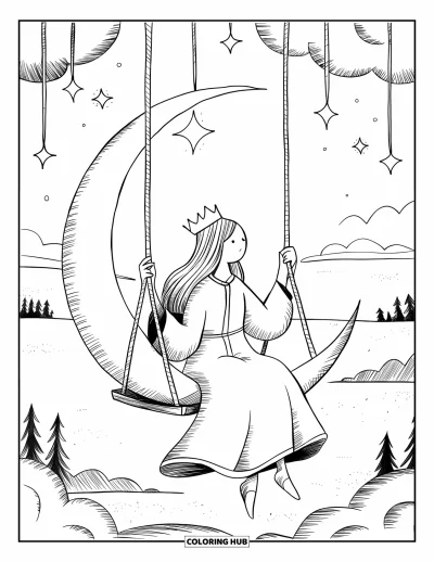 Coloriage de reine pour adultes : Une reine se balance doucement sur un croissant de lune avec une vue paisible en dessous