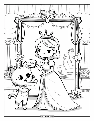 Coloriage de reine pour adultes : Une reine élégante s'exerce à faire la révérence tandis qu'un chaton assistant tient des fiches