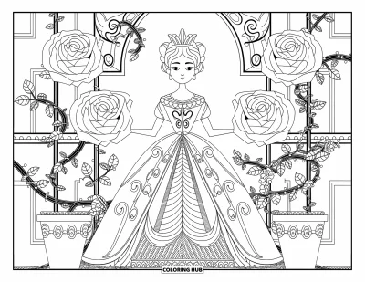 Coloriage de reine pour adultes : Une reine élégante se tient parmi des roses, des lianes et des ornements ouvragés